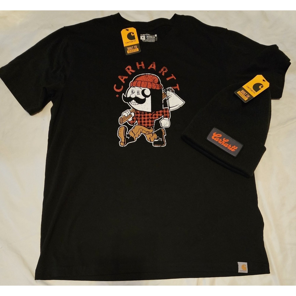 NWT Carhartt Lot Of Lumberjack Tshirt Medium And Carhartt Blk Beanie Grey Patch